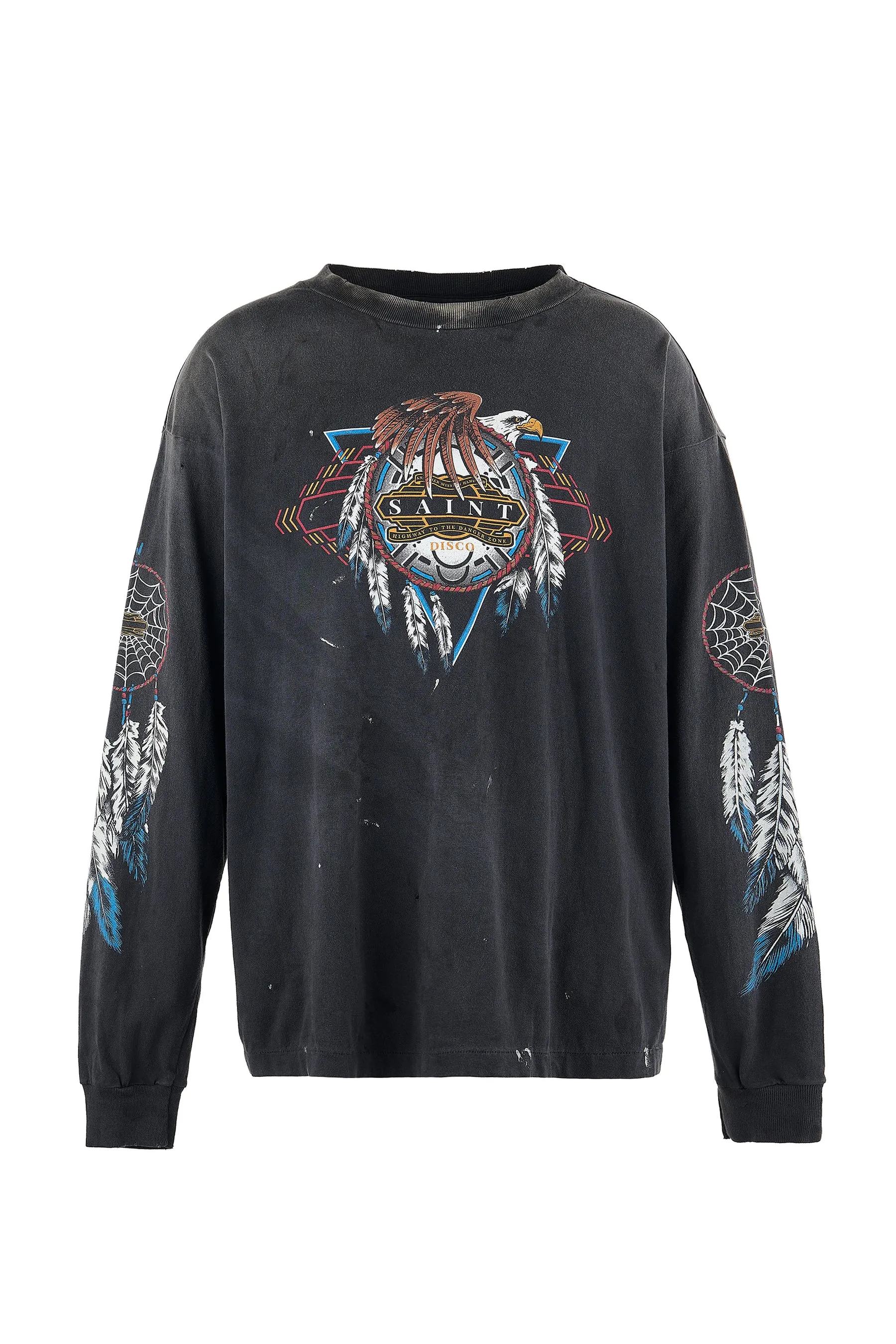 SAINT Mxxxxxx x TEFLON DISCO SAINT DISCO ML_LS TEE/BLK Eagle Feather Spider Web Distressed Long Sleeve S-XL Ready-to-wear Assute dyeing, water spray fading treatment, customized TEFLON DISCO co-branded accessories, hand-splashed ink, wormhole fraying treatment, genuine level printing process